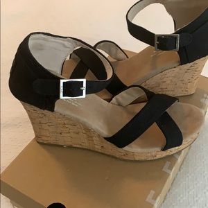 Toms black strappy wedge black canvas and cork